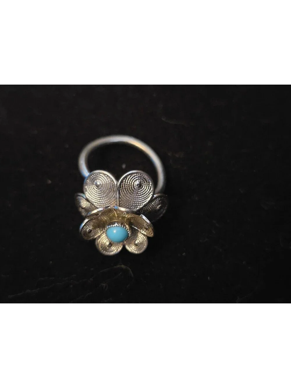 Vintage 1970s Sarah Coventry Silver Flower Filigree Ring with Turquoise Cabochon